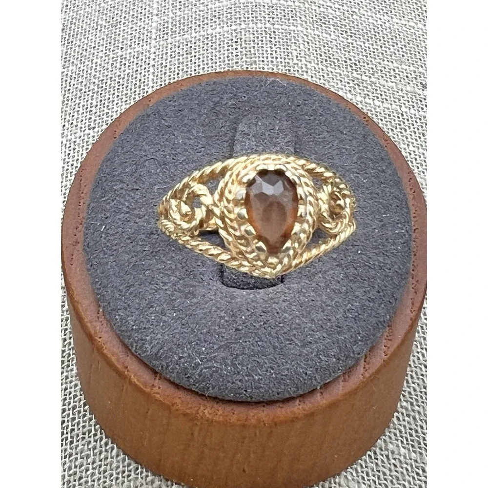 Vintage Gold Tone Rope Twist Pear Statement Ring Smoky Brown Teardrop Sz 7.75